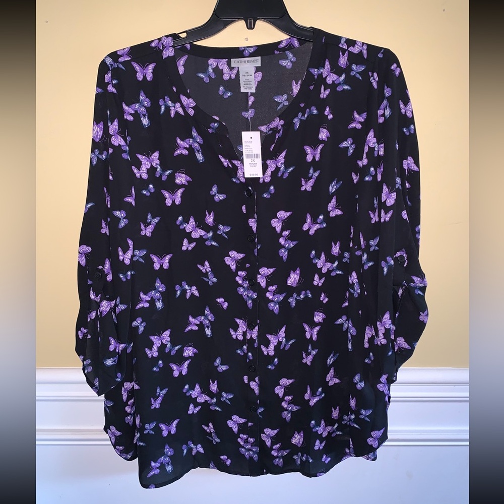 NWT! Catherines Women's Georgette Pintuck Tunic  Butterfly Print size 2X 22W/24W